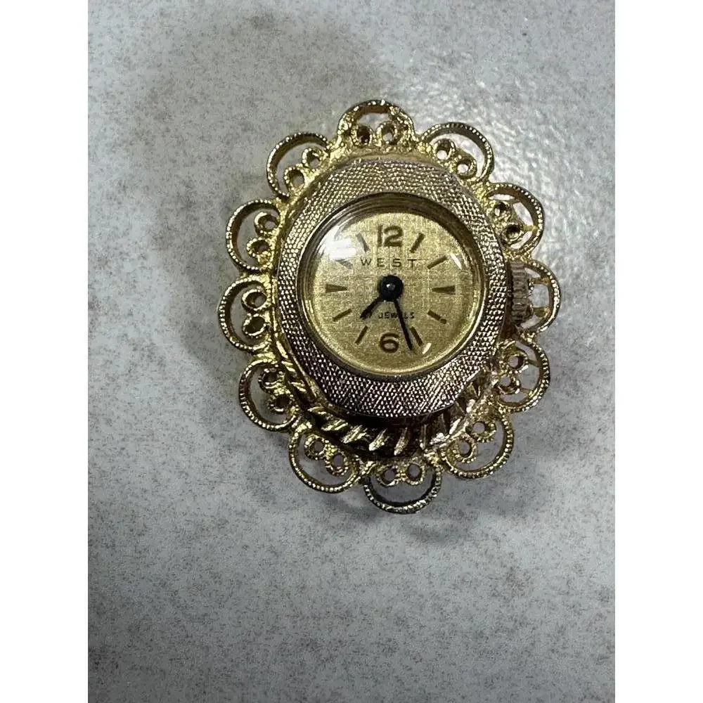 Vintage Cameo Secret Watch Brooch Gold Filigree Flip Clock Works Resin